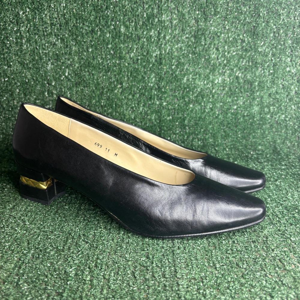 NEW Spanish Leather Collection Sergio Zelcer Gold Block Heel Pump Black Women 11